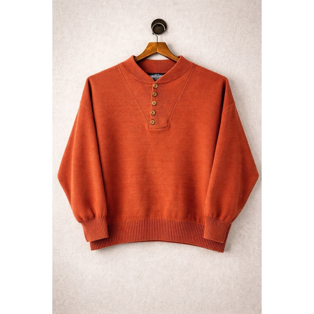 VTG 80s Lands‎ End XL Heavy Cotton Henley Sweater Orange Grandpa Core Heritage